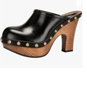 FSJ Black Platform Mules Round Toe Studded Slip On Clogs Wooden Chunky Heel Shoe